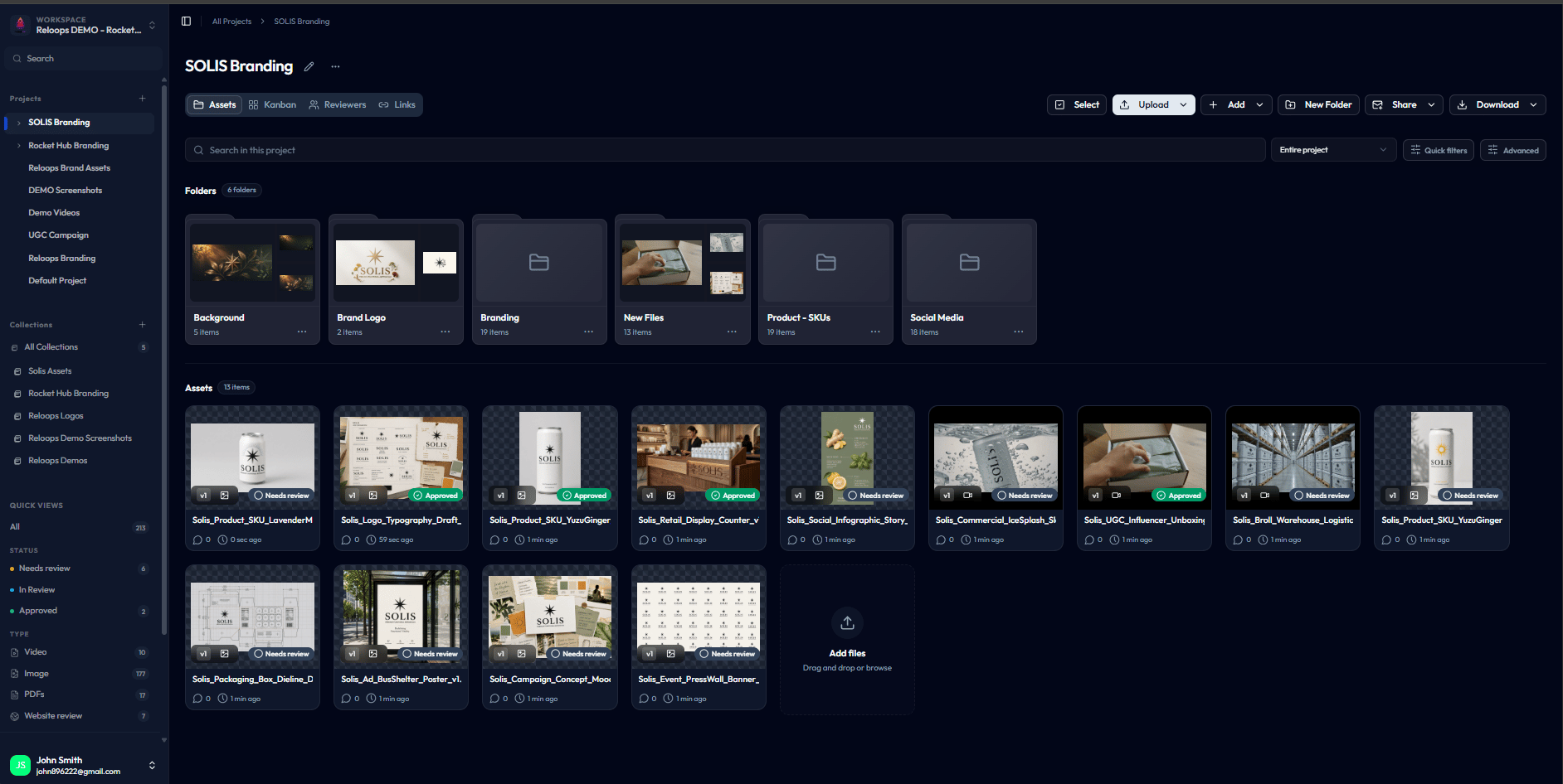 Reloops project Assets view showing prepared folders and asset cards