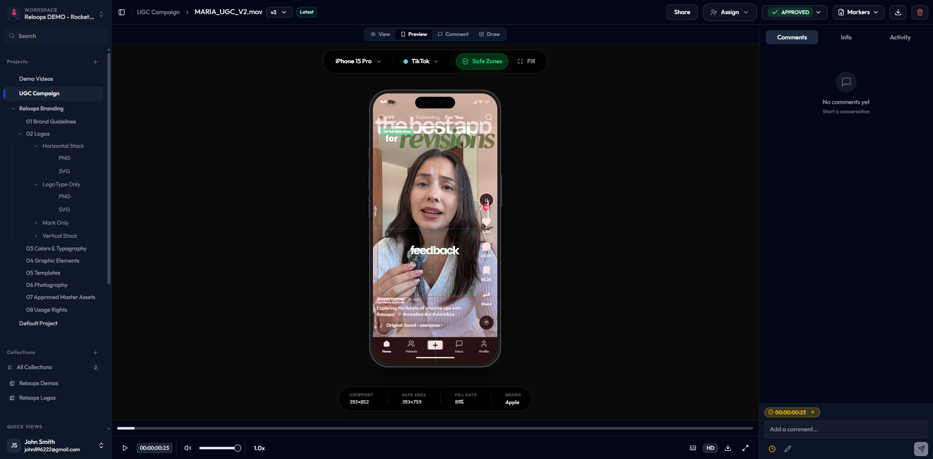 Asset preview with safe zones and pinned comments