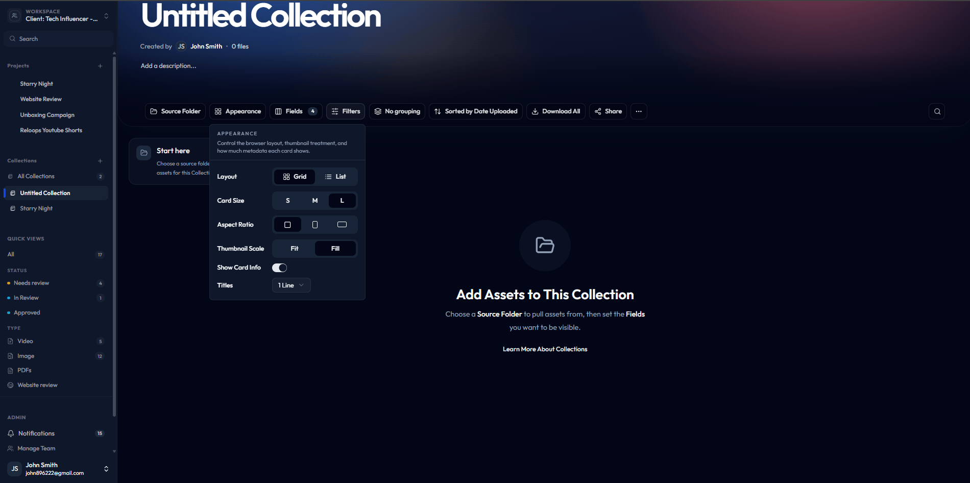 Collection appearance settings popover