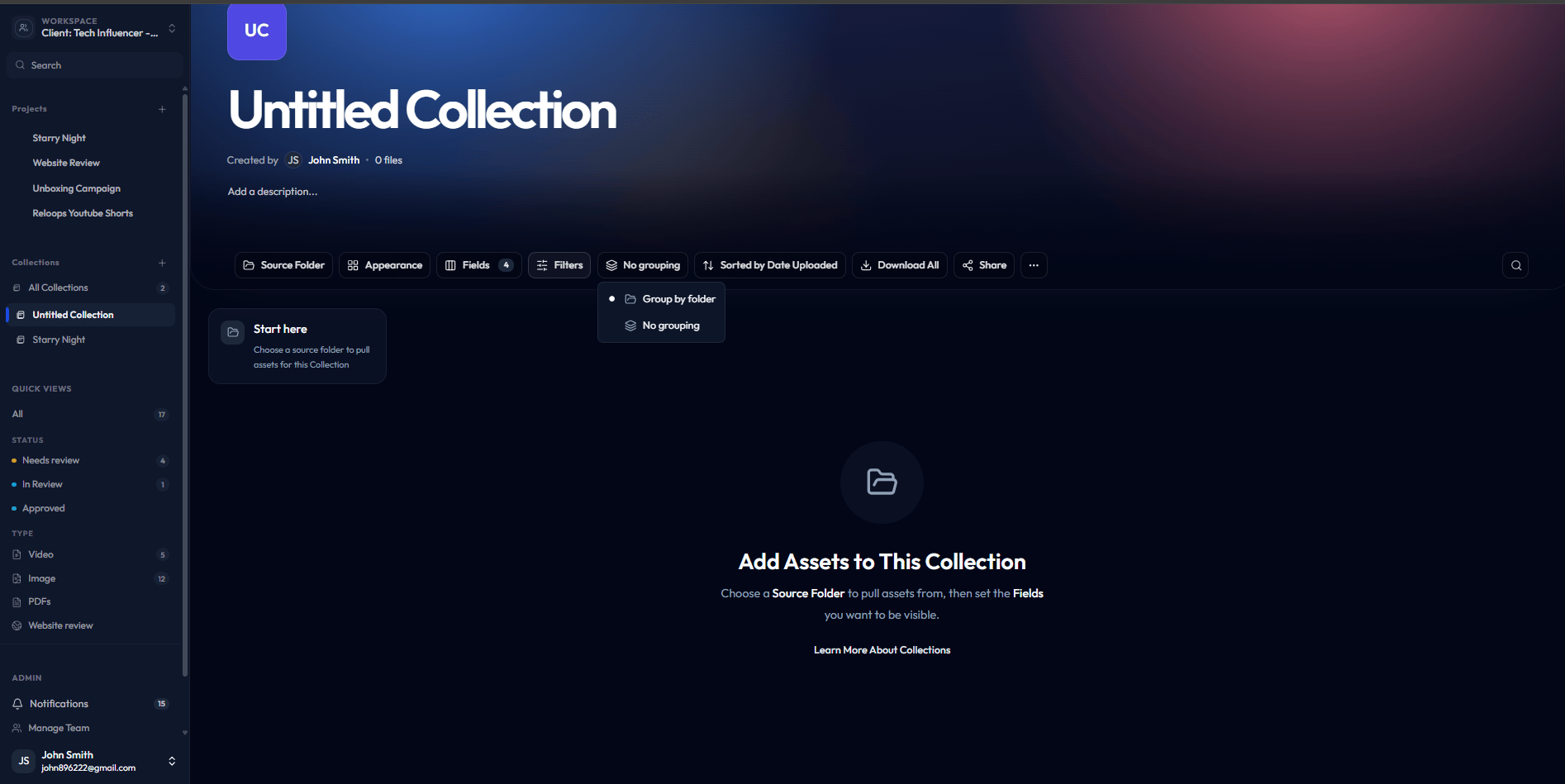Collection grouping menu open over the asset grid