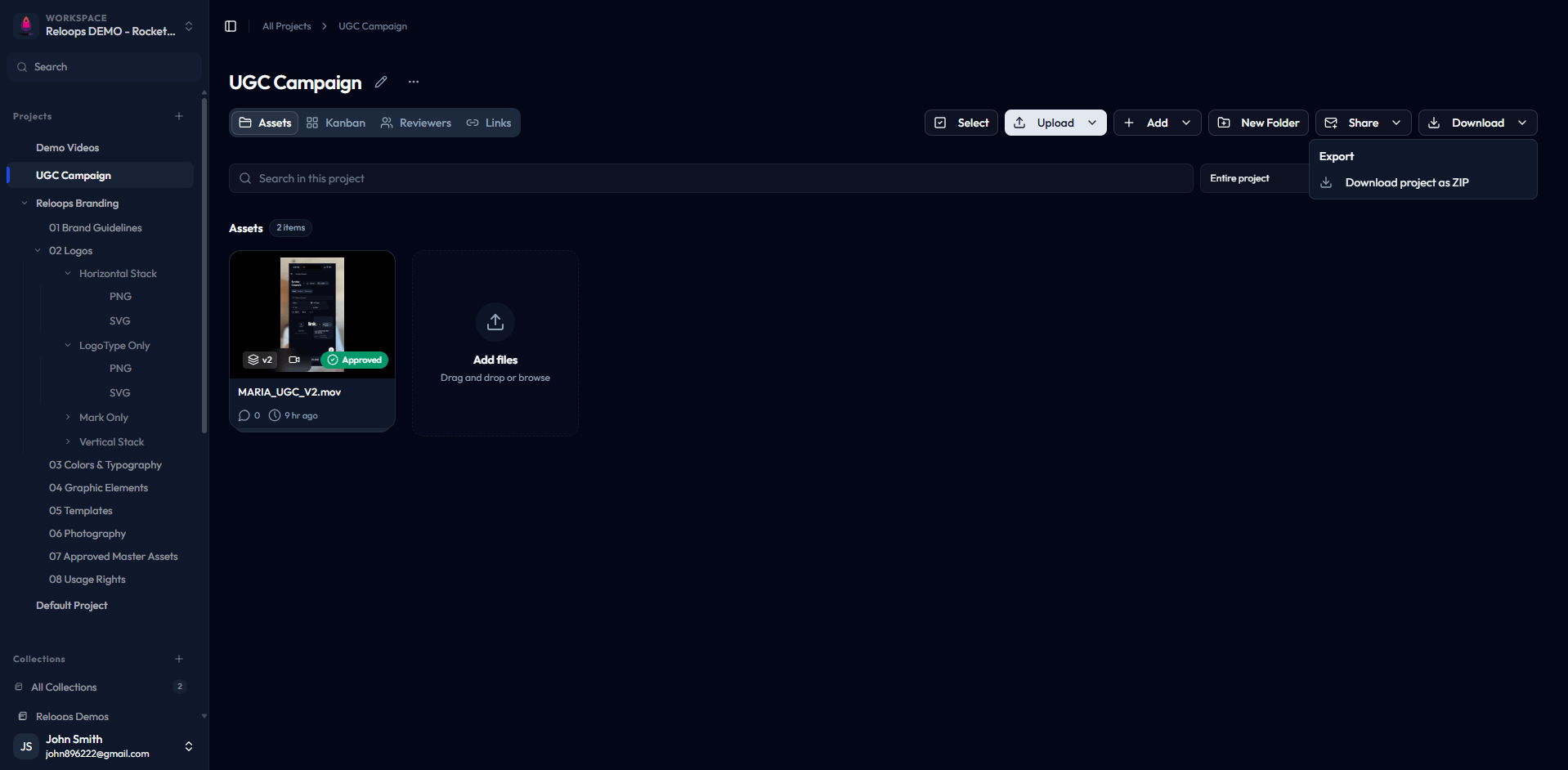 Project Assets view with the download menu open over the asset grid
