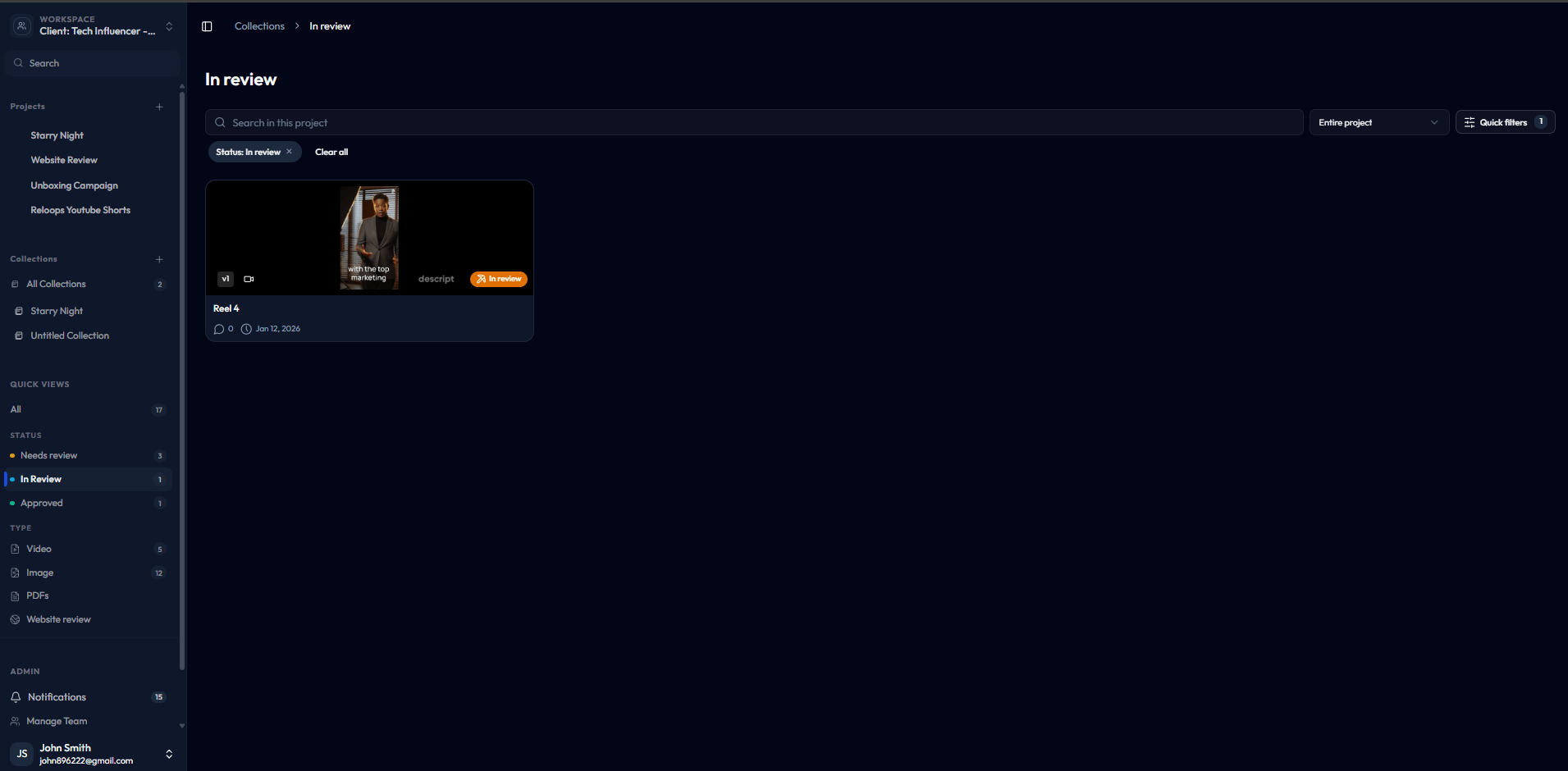 Files view filtered to In Review status