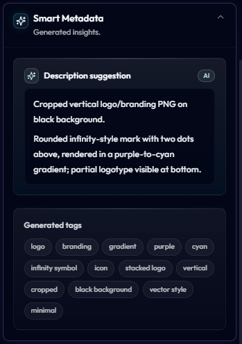 Smart Metadata panel with AI description suggestion and generated tags including logo, branding, gradient, purple, cyan, infinity symbol, icon, stacked logo, vertical, cropped, black background, vector style, minimal