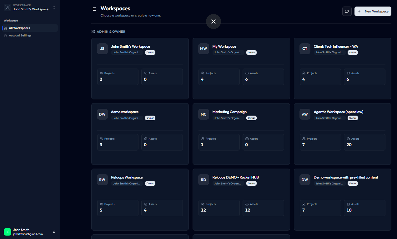 Reloops workspaces index page with a grid of workspace cards