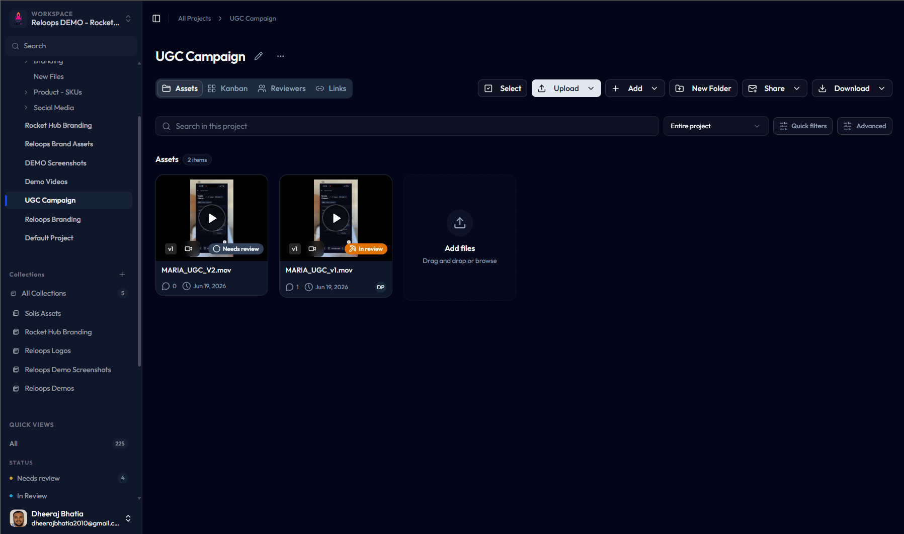 Project Assets view showing two separate Maria UGC video assets before stacking