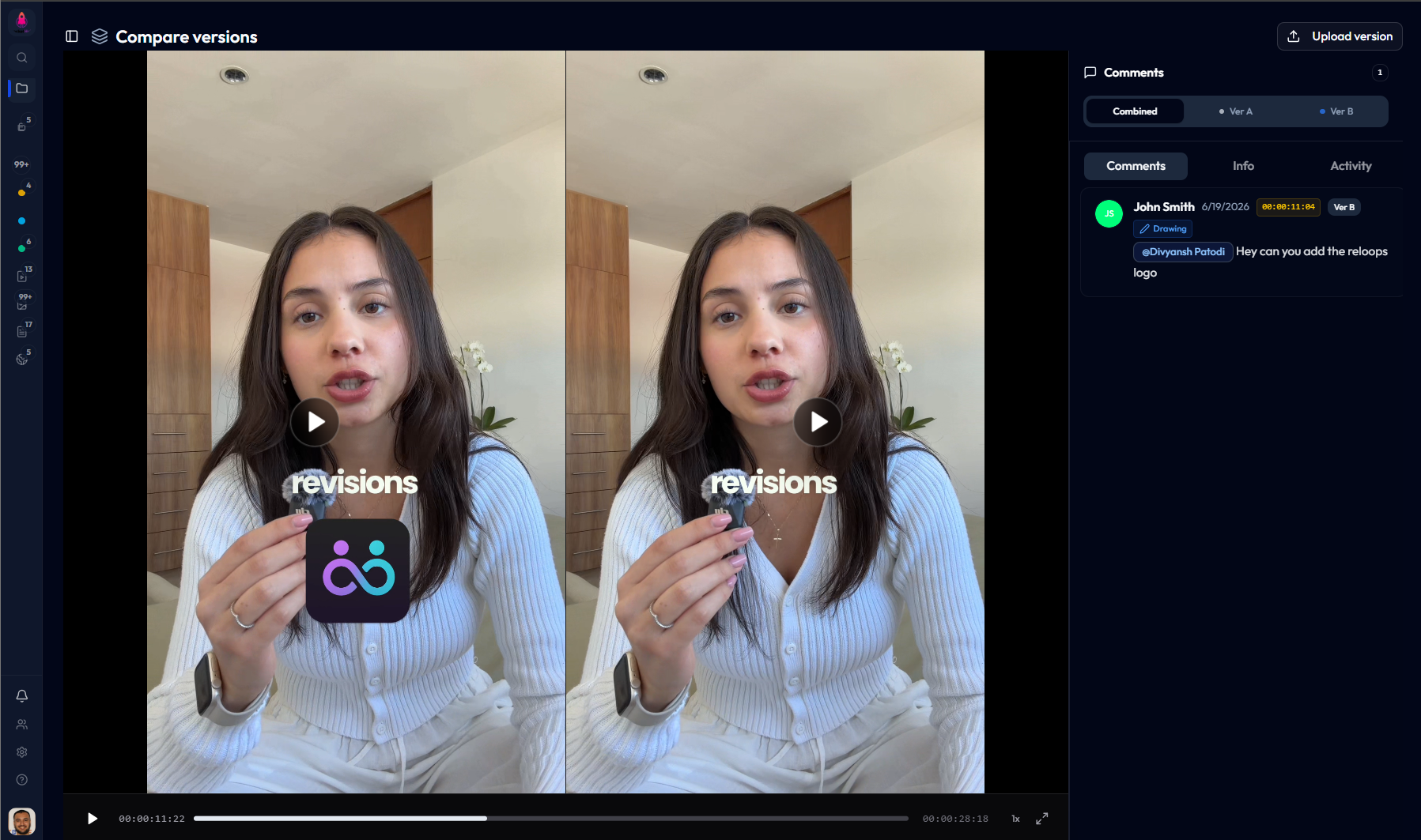 Reloops compare versions page showing two Maria UGC versions side by side with version-aware comments