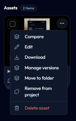 Asset card menu showing Compare, Edit, Download, Manage versions, and other actions