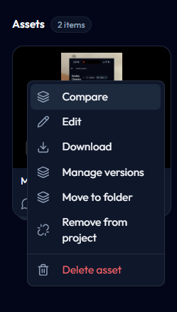 Asset card menu with the Compare option highlighted