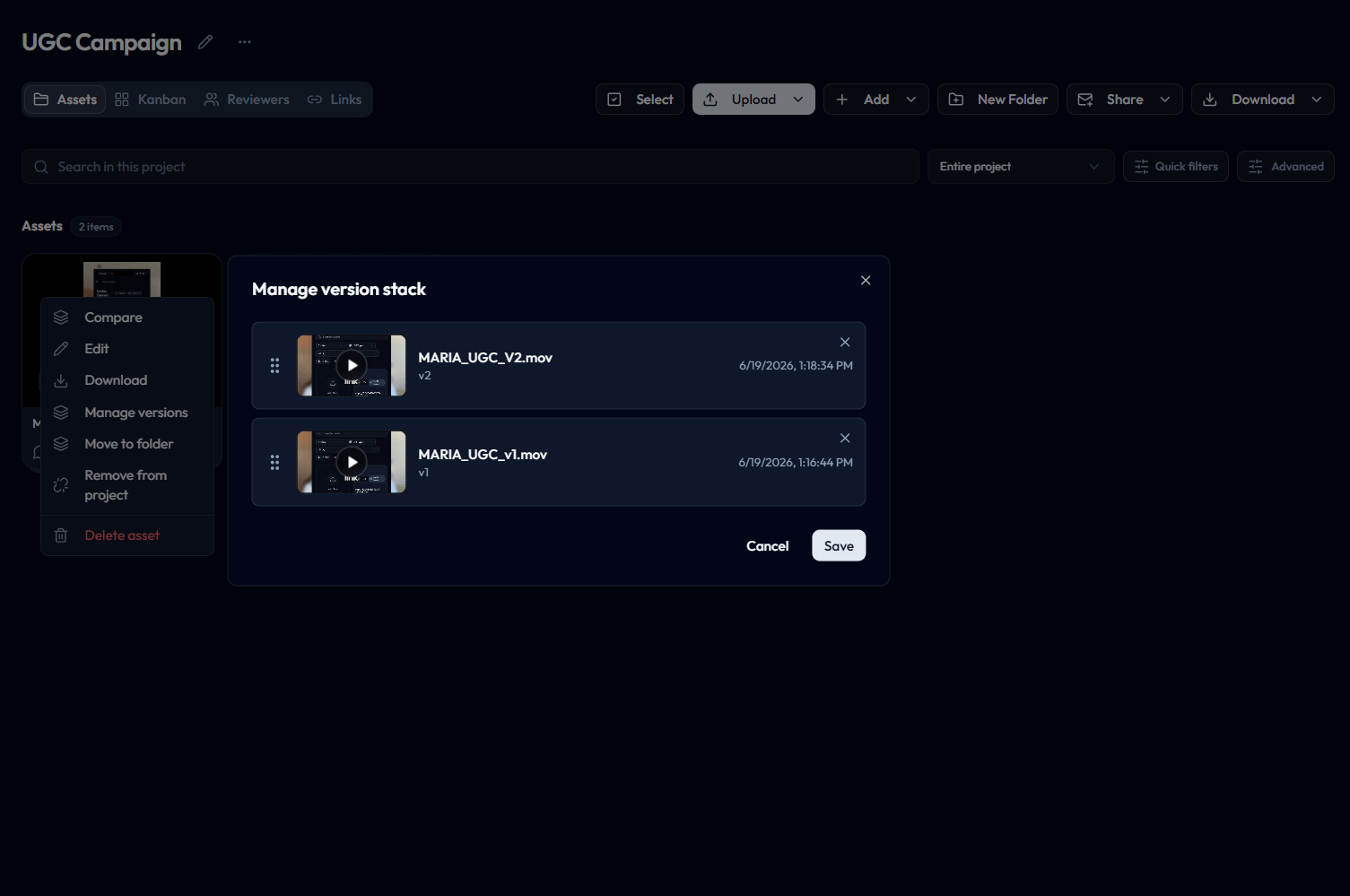 Manage version stack dialog showing v2 and v1 assets with reorder handles and remove controls