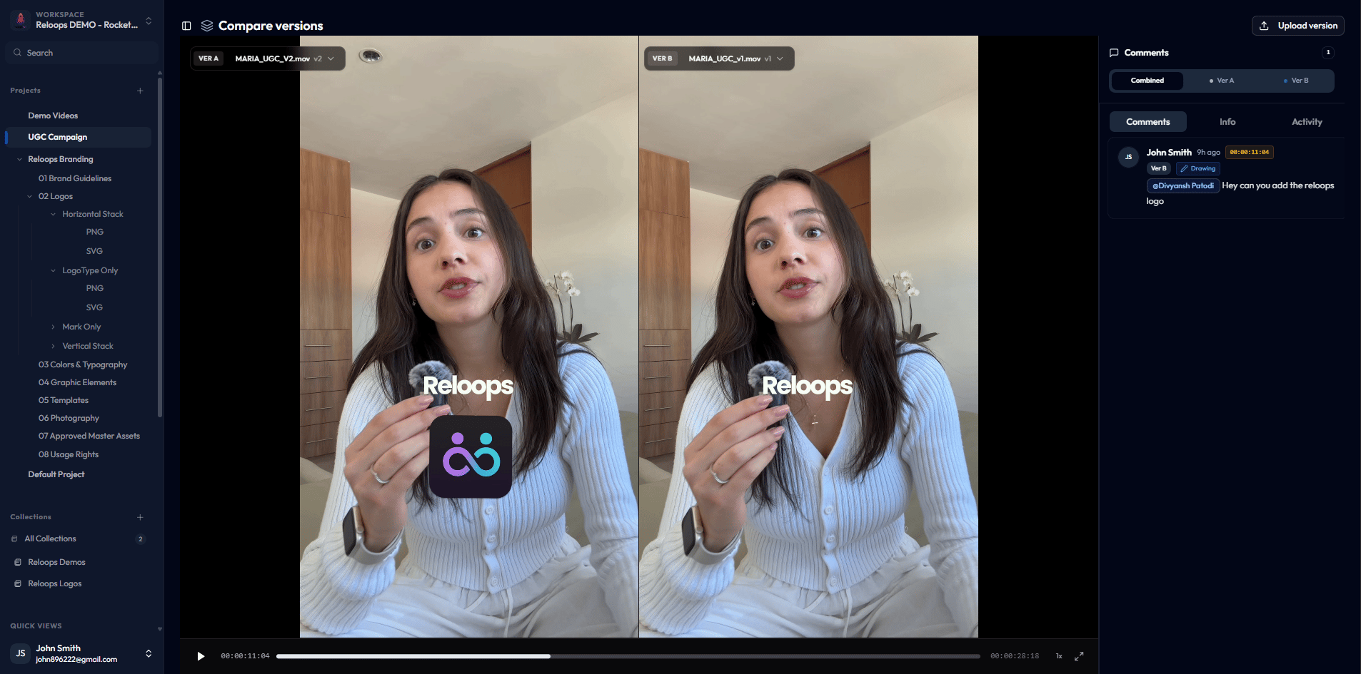 Asset review comparing two versions with the comments panel