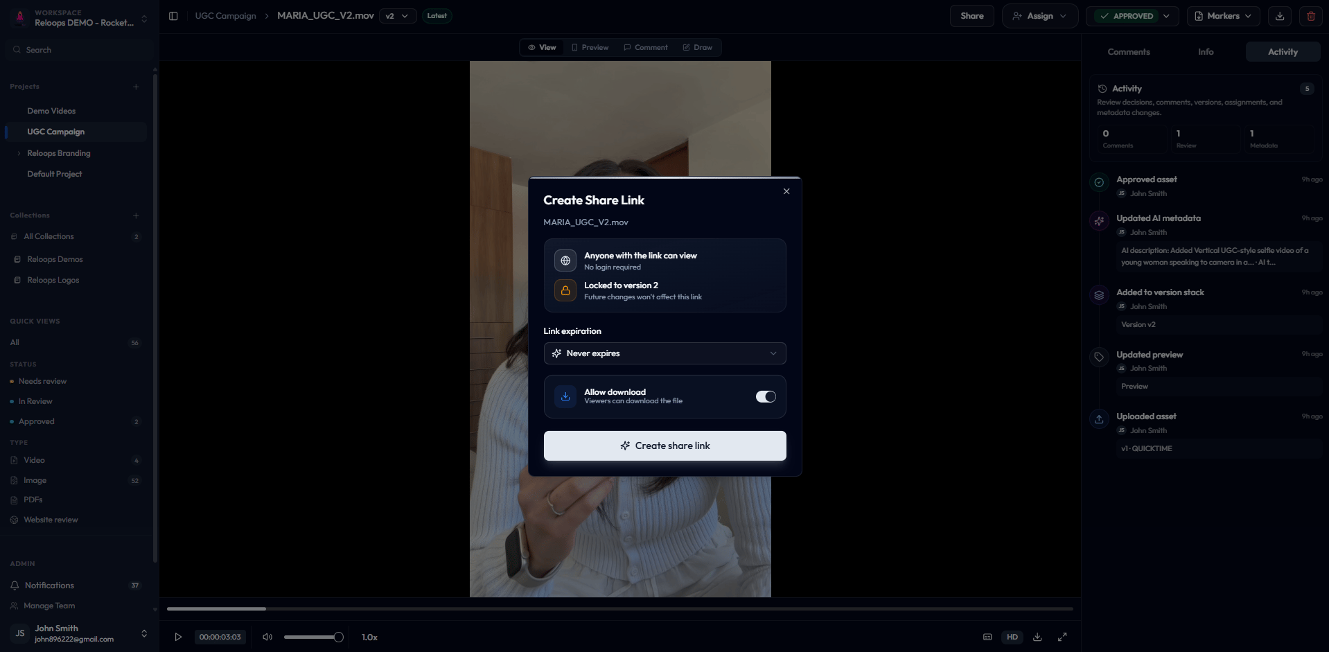 Create share link modal on the asset review page