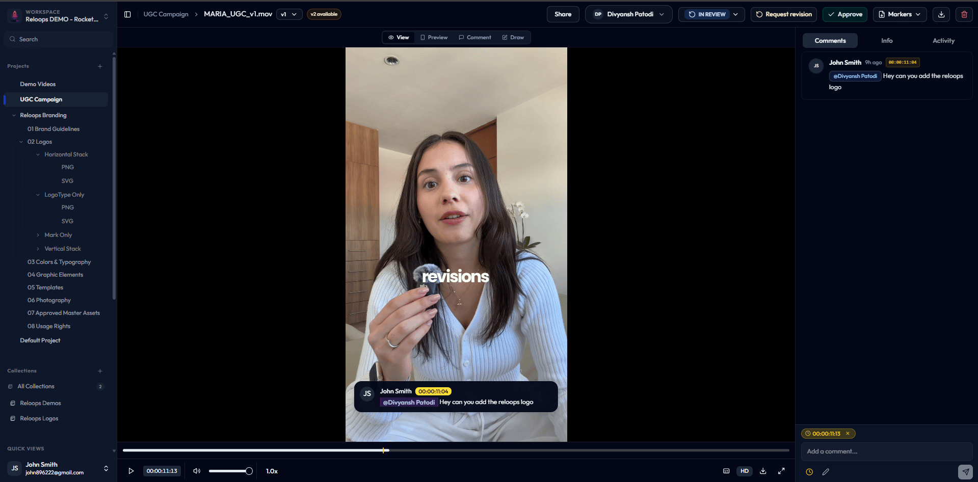 Asset review showing a timecoded comment and a request revision action