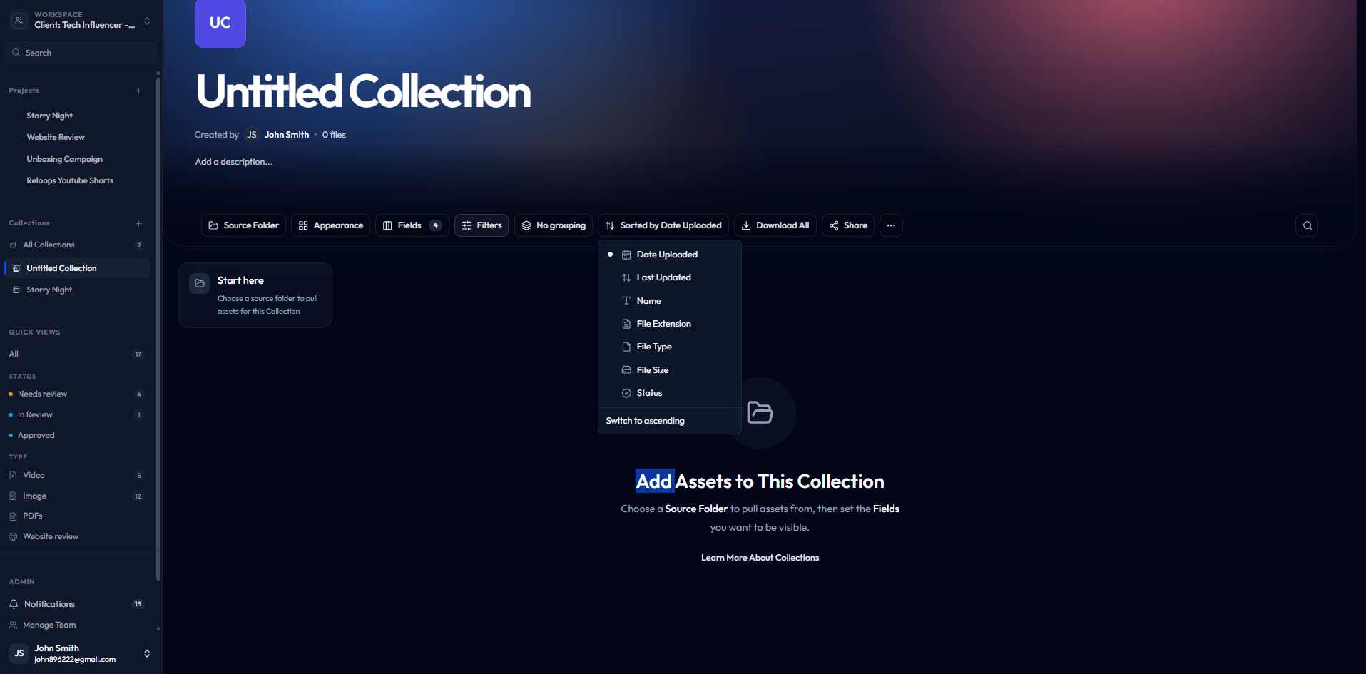 Collection sort menu open over the asset grid