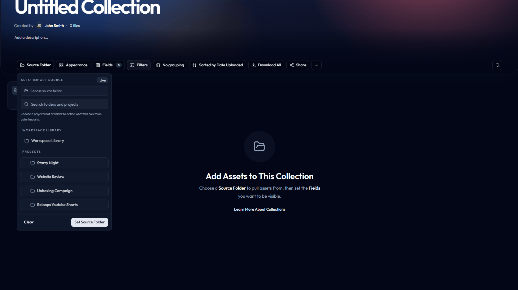 Collection source picker with a folder highlighted