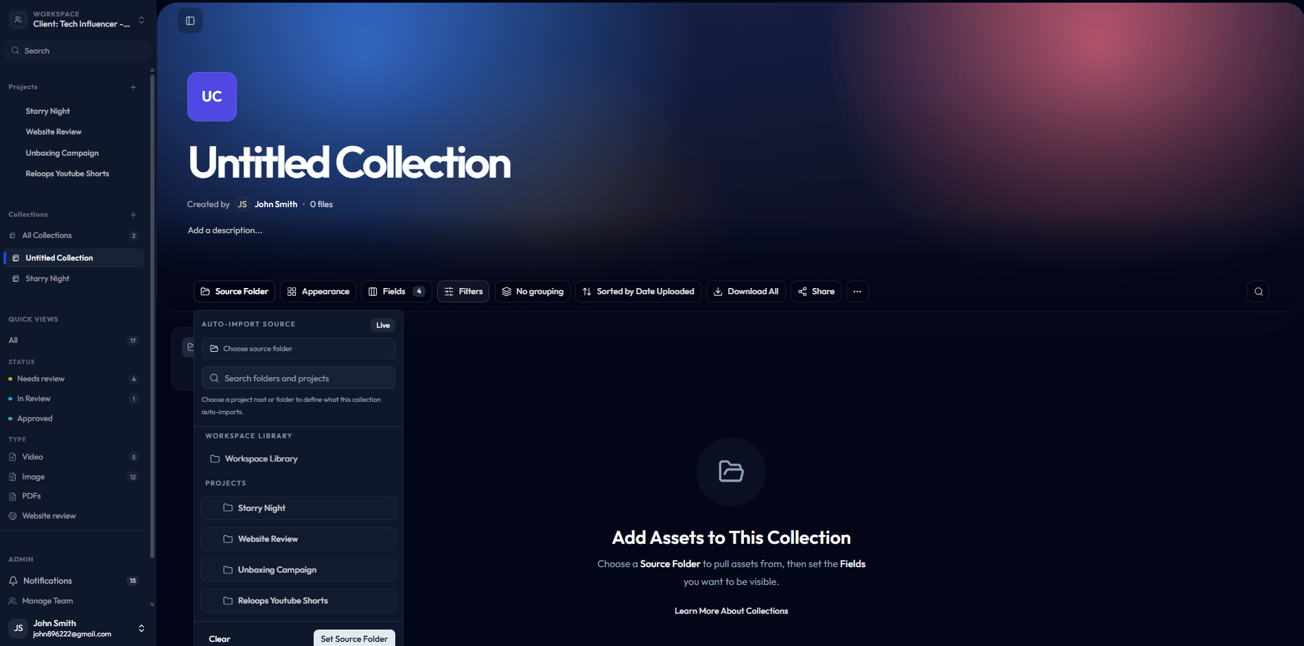 Collection source picker listing projects and folders