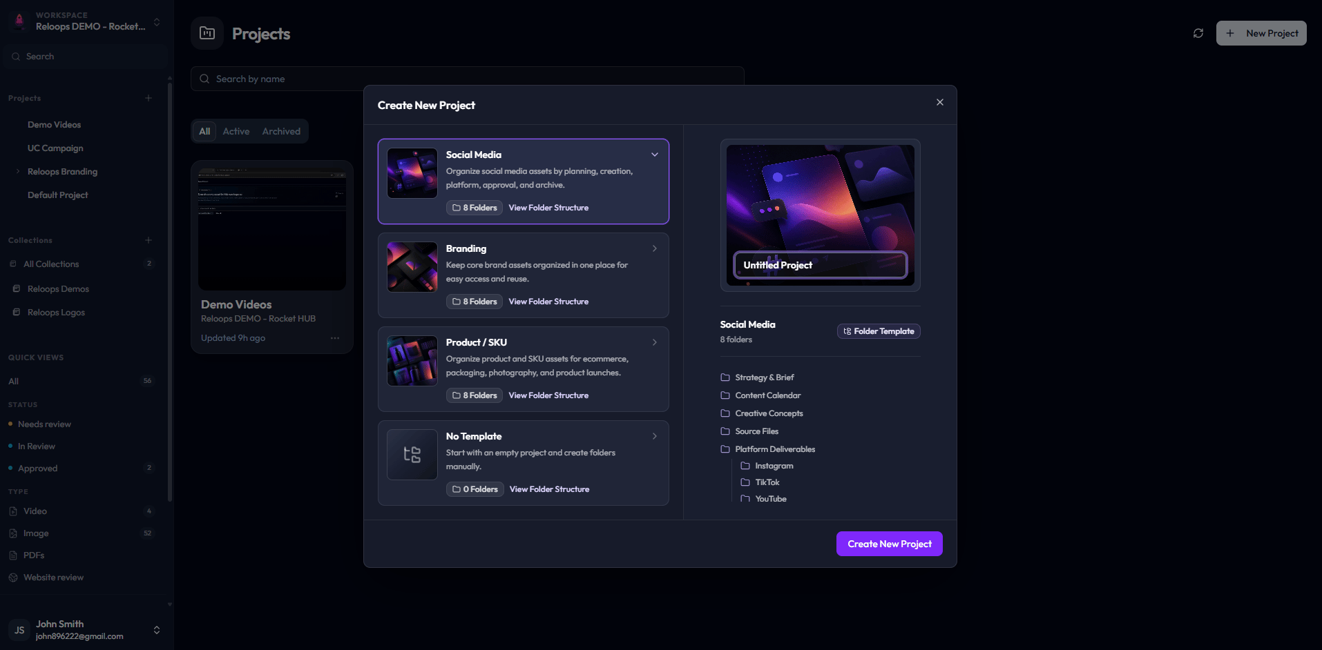 Create new project modal showing the Social Media template option