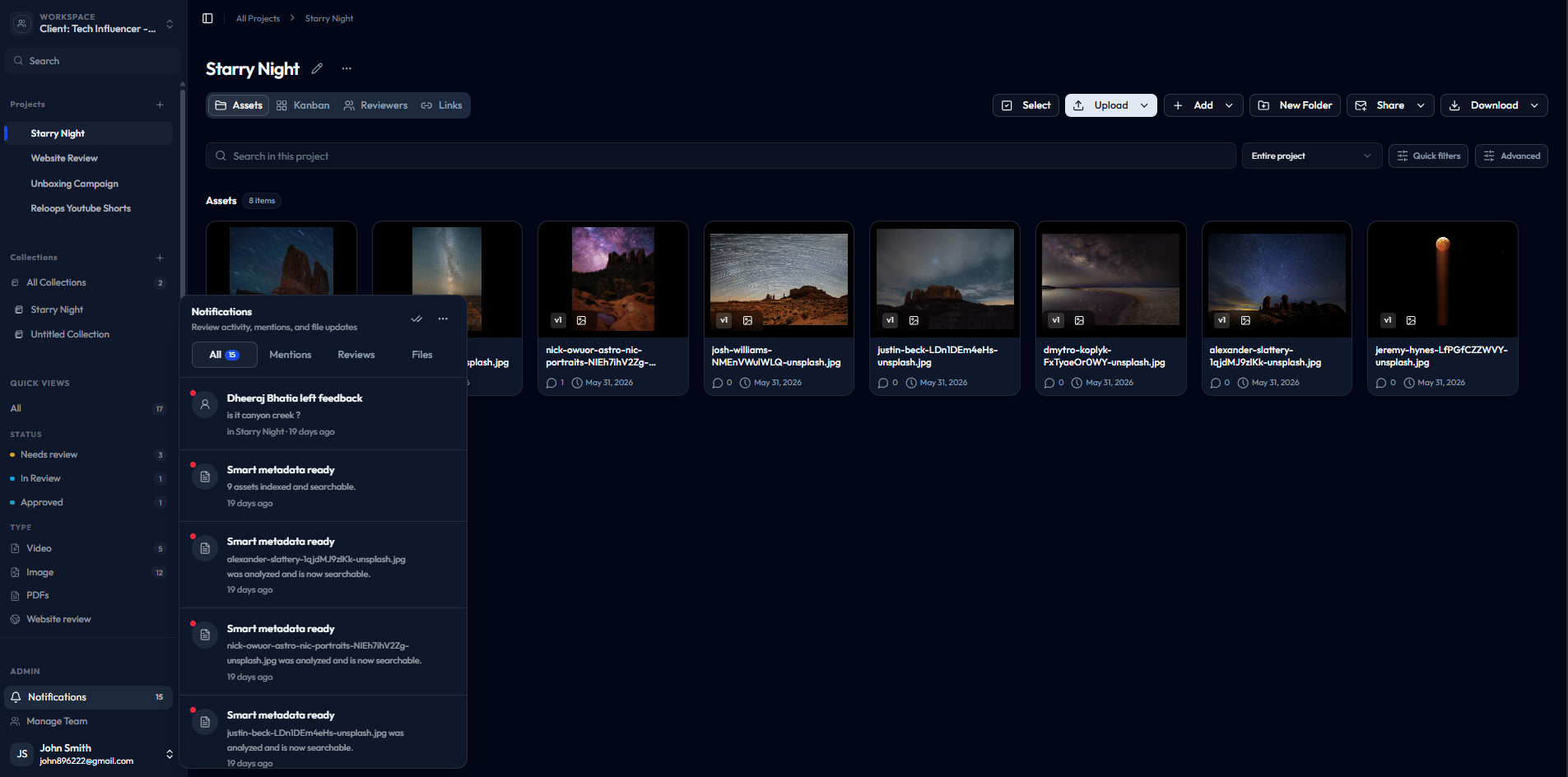 Reloops notifications panel open over the project assets view