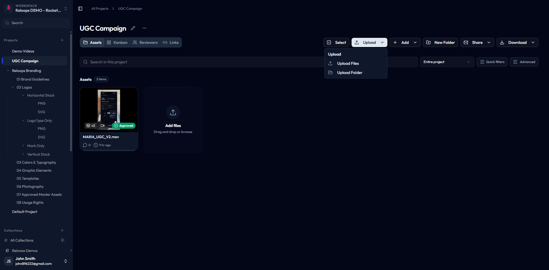 Project Assets view with the Upload menu open