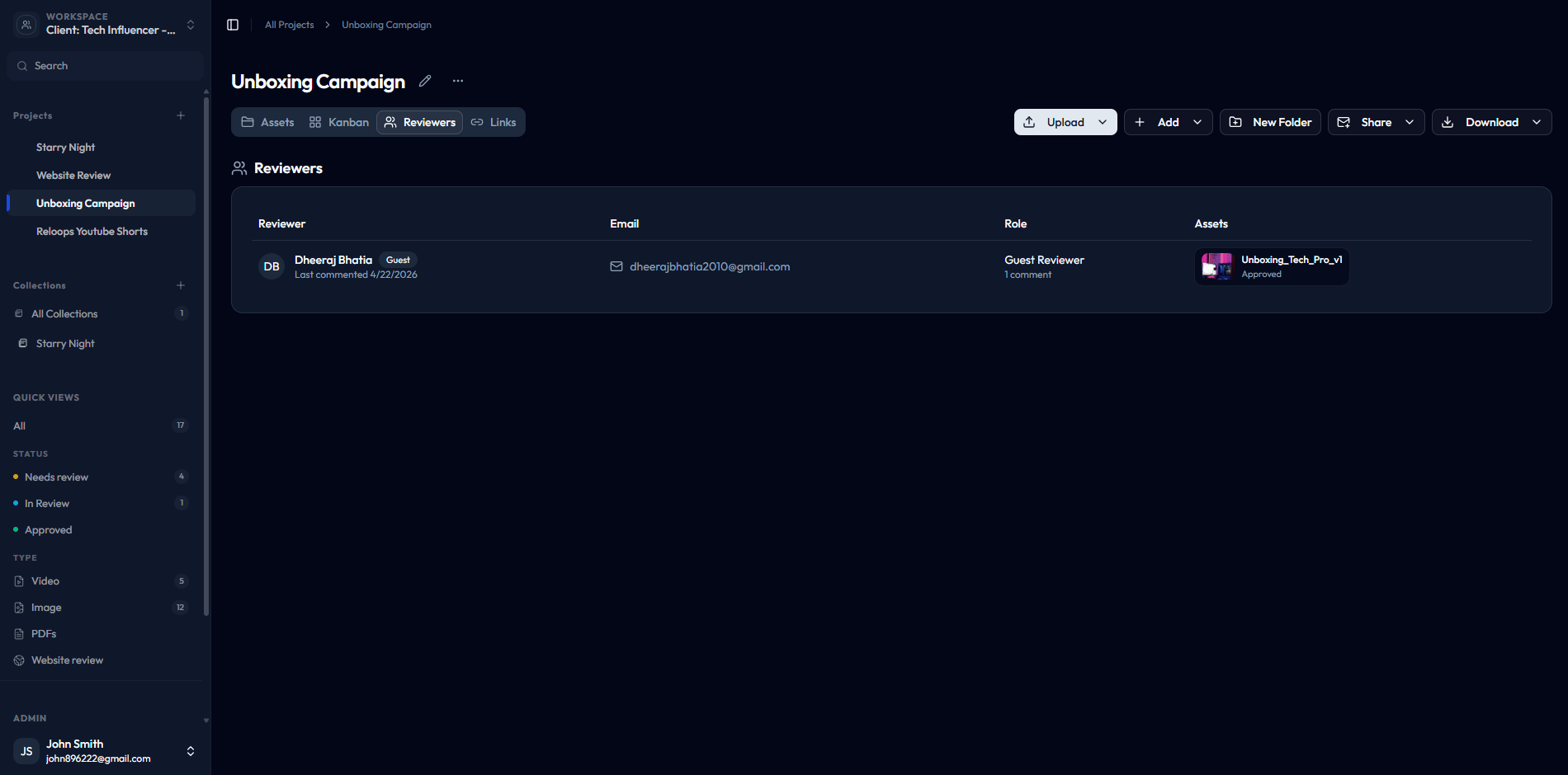 Project Reviewers tab listing a guest reviewer