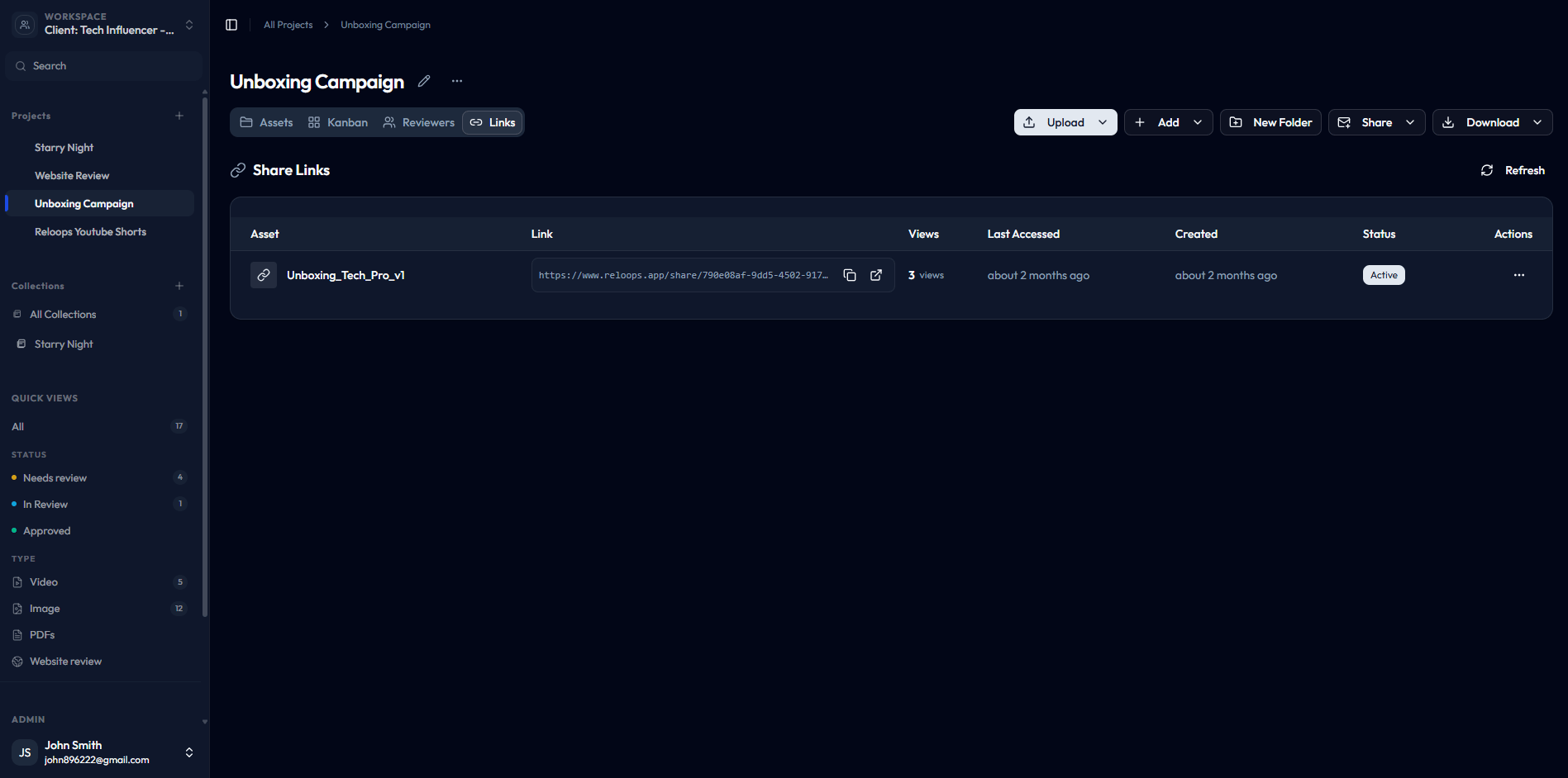 Project share links tab listing an active link