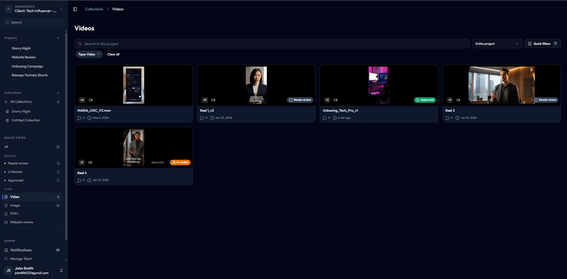 Files view showing video asset cards in a grid