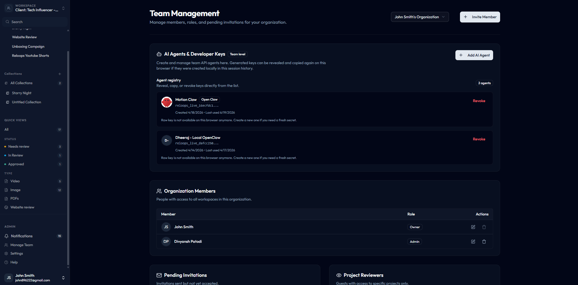 Reloops team management page showing AI agents and member rows