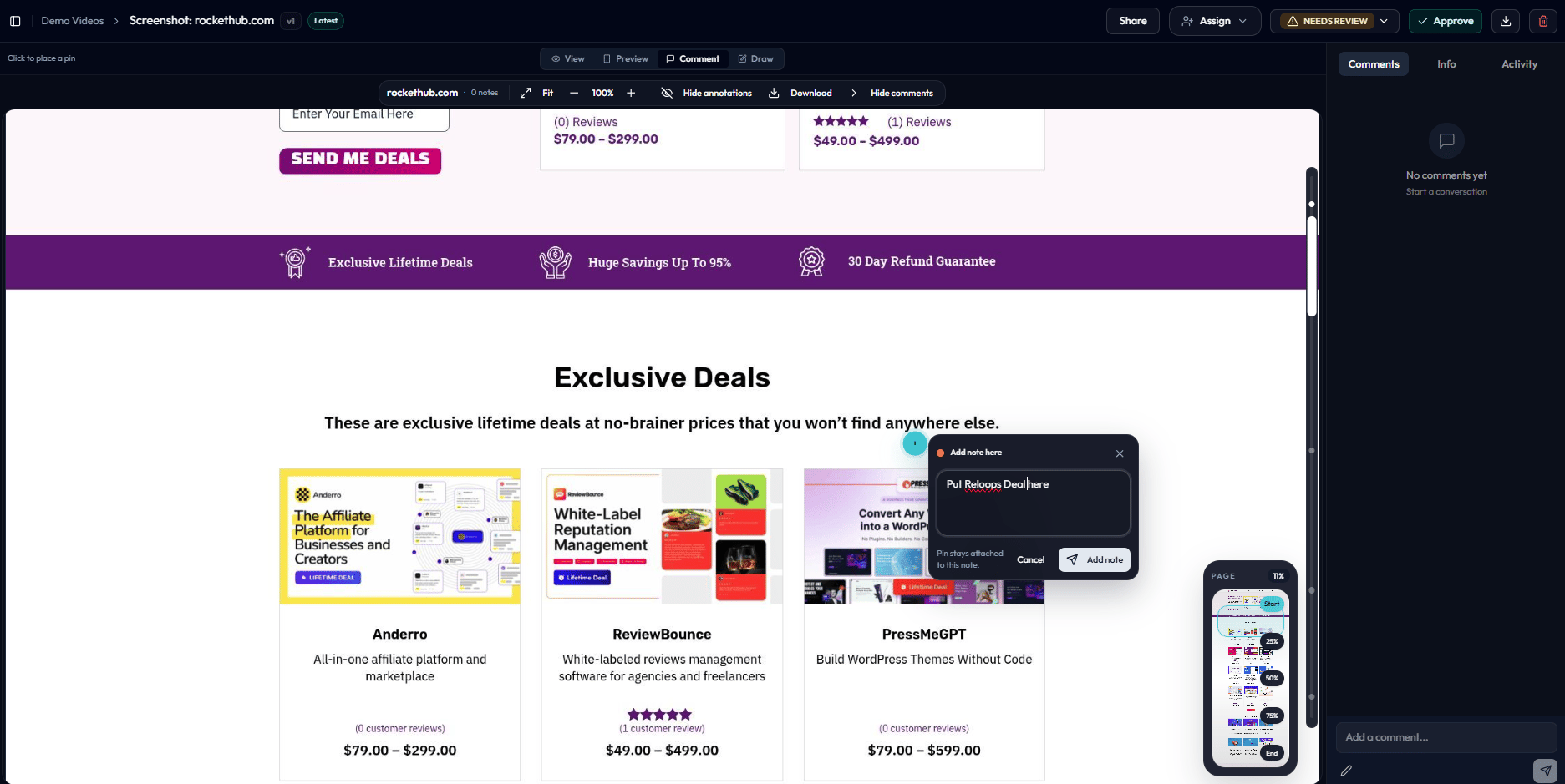 Website review in comment mode with an add-note action