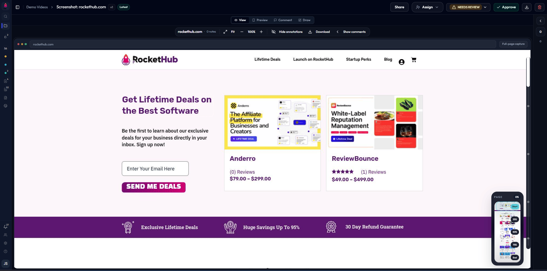 Website review with a full-page landing-page capture