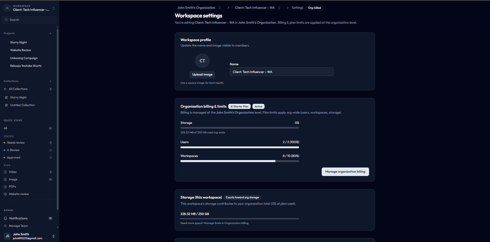 Reloops workspace settings page showing billing limits and plan usage