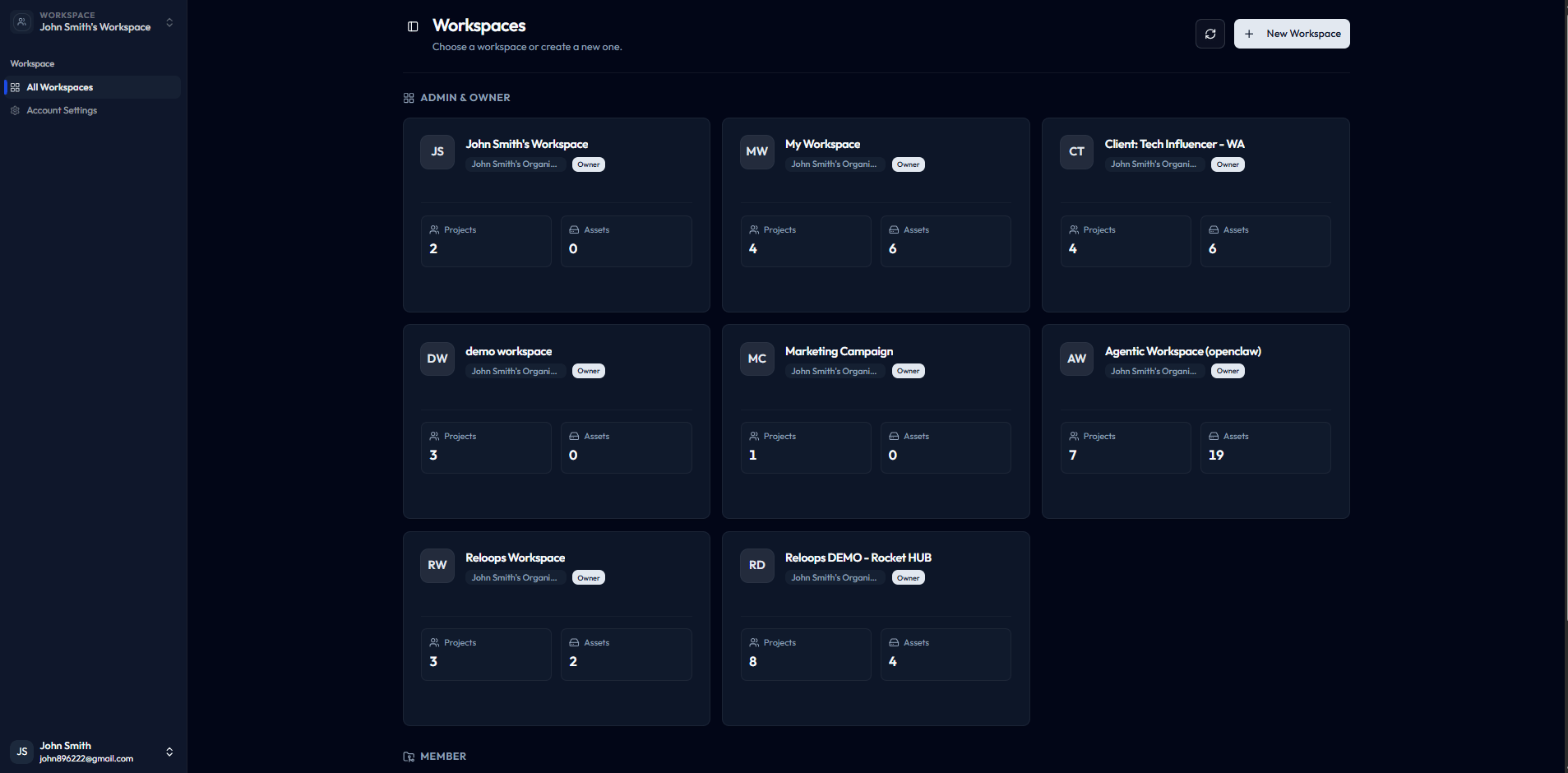 Reloops workspaces index page with a grid of workspace cards