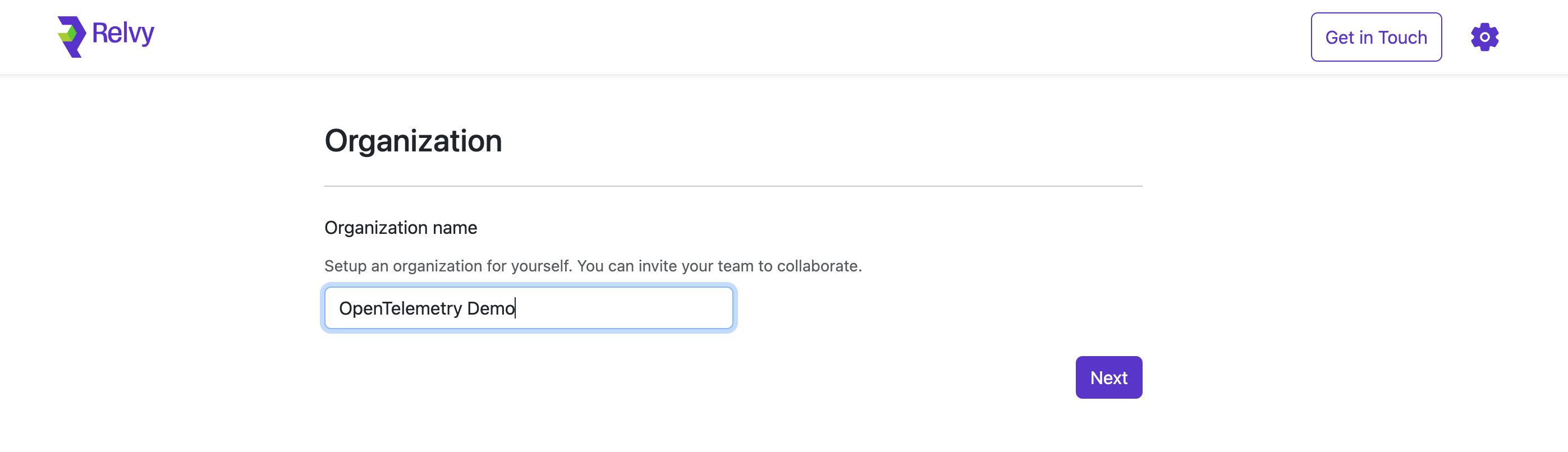 Relvy Organization Creation Screen