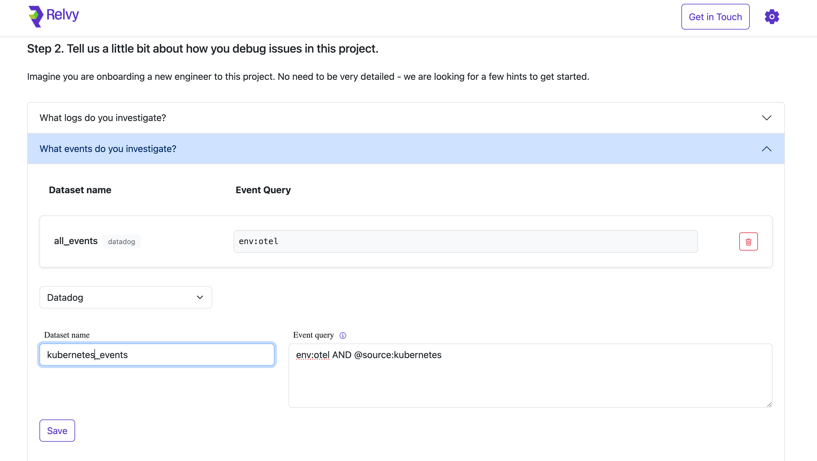 Configure Events Dataset