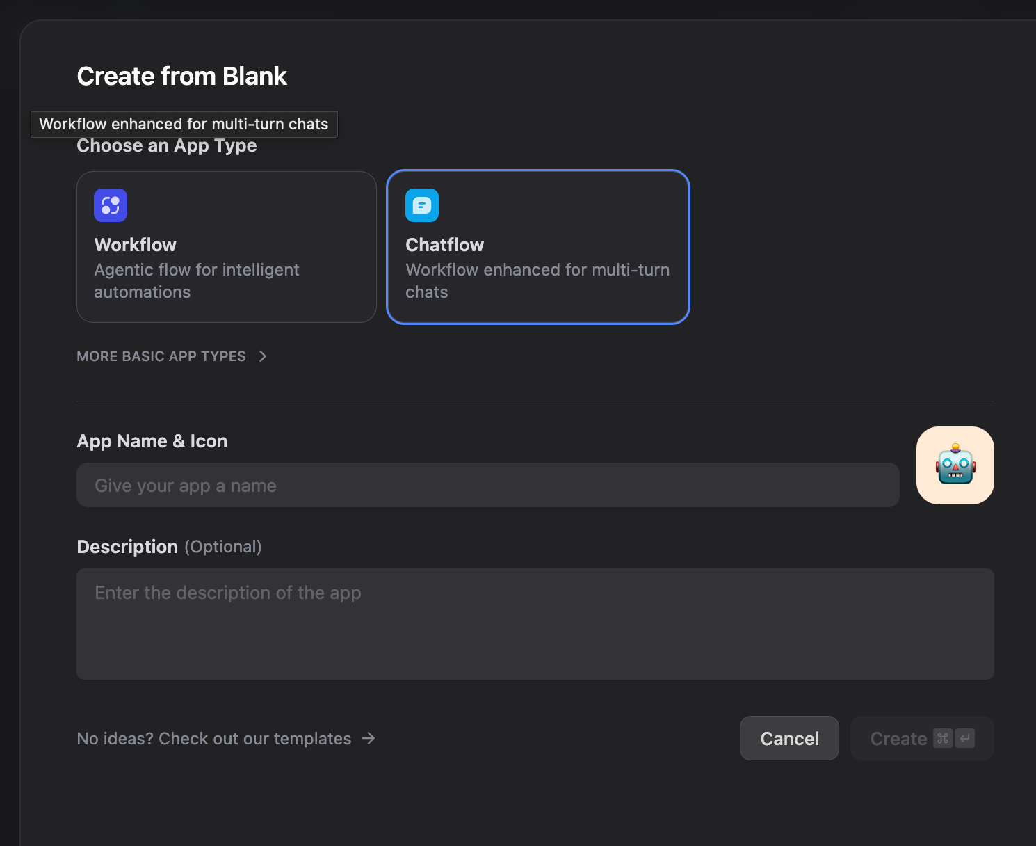 Dify create app screen Dify create app screen
