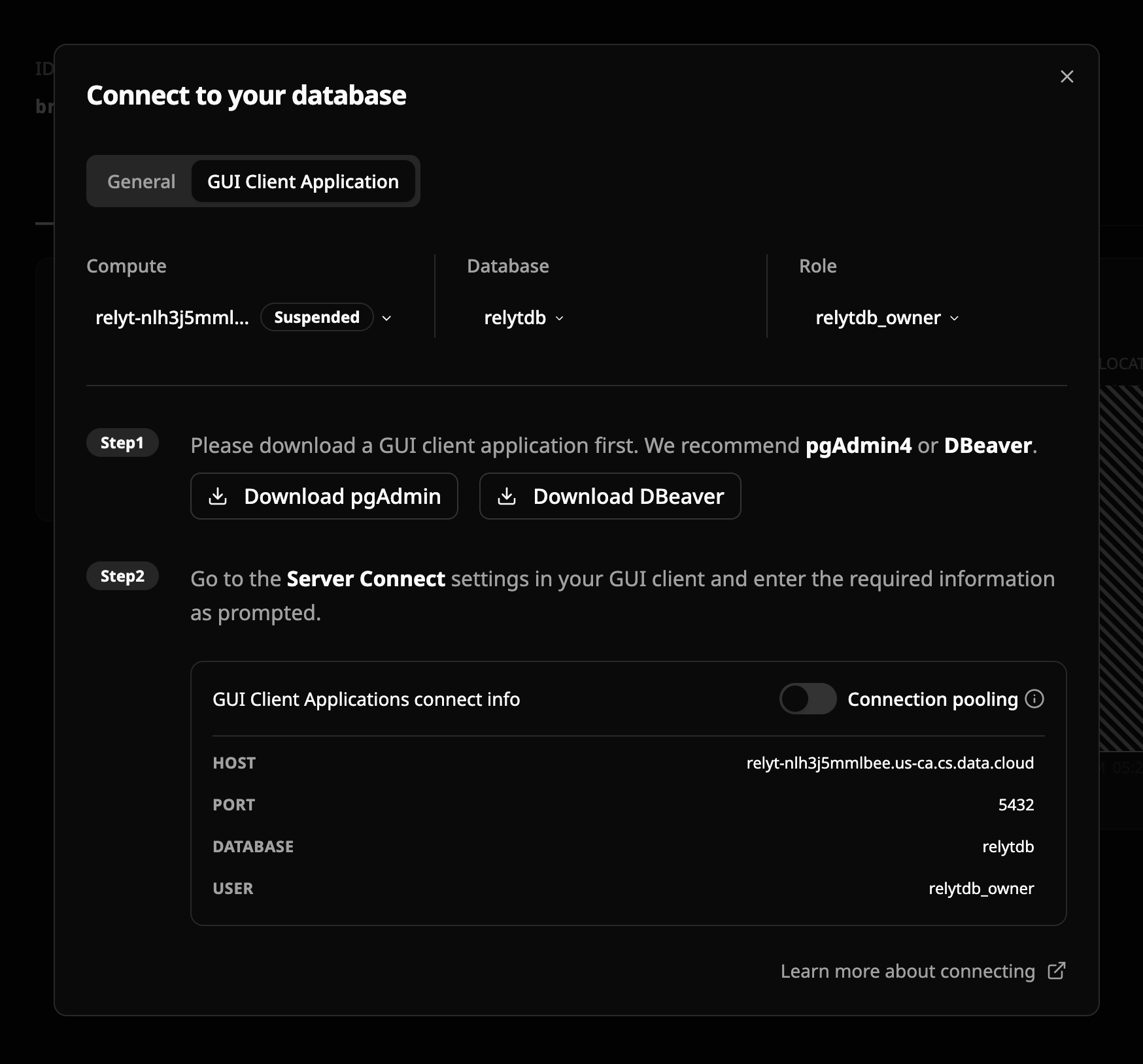 Project connect dialog GUI tab Project connect dialog GUI tab