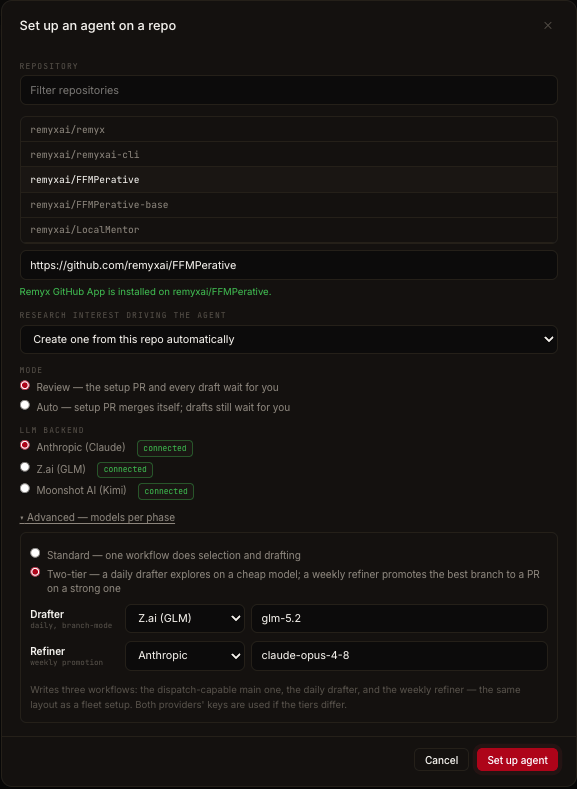 The Set up an agent wizard: repository picker with the Remyx GitHub App confirmed installed, the research-interest dropdown on 'Create one from this repo automatically', Review vs Auto mode radios, LLM backend radios showing Anthropic (Claude), Z.ai (GLM), and Moonshot AI (Kimi) all connected, and the Advanced models-per-phase fold with Two-tier selected — a Z.ai glm-5.2 drafter and an Anthropic claude-opus-4-8 refiner