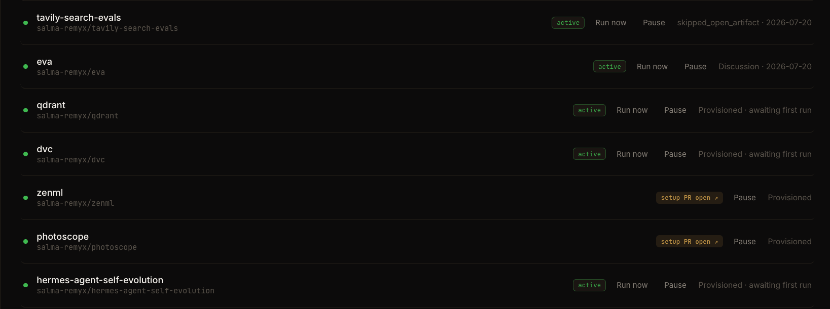Agent rows in the fleet index: each repo with its status chip (active, or setup PR open linking to the PR), Run now and Pause actions, and the last outcome — a discussion, a skip with its reason, or 'Provisioned · awaiting first run'