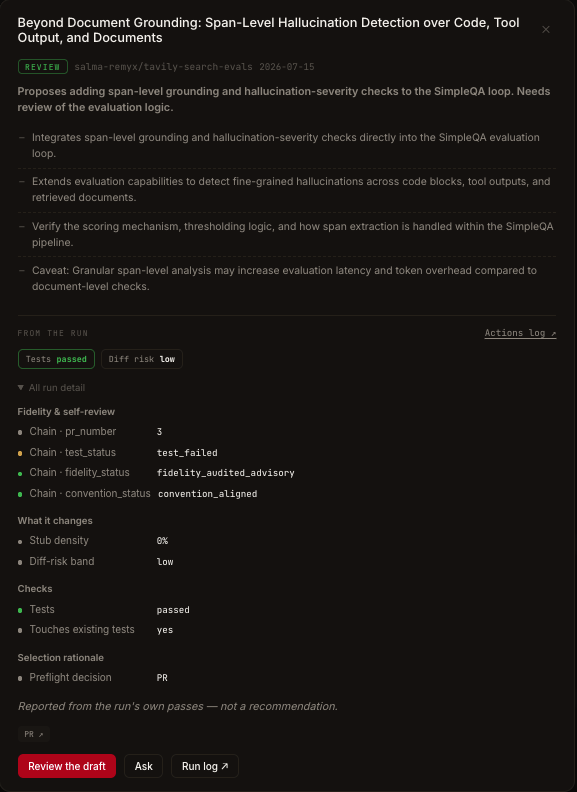 An expanded Inbox card: the TLDR digest summarizing what the draft proposes and what to verify, then 'From the run' evidence — Tests passed and Diff risk low chips, and an All-run-detail fold with fidelity and self-review statuses, stub density, diff-risk band, checks, and the selection rationale — footed by 'Reported from the run's own passes, not a recommendation'