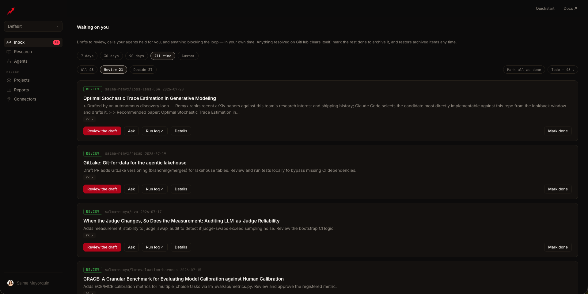 The Inbox: 'Waiting on you' with Review cards for draft PRs across repos, filter chips showing All 48 / Review 21 / Decide 27, a date window set to All time, and per-card Review the draft, Ask, Run log, Details, and Mark done actions