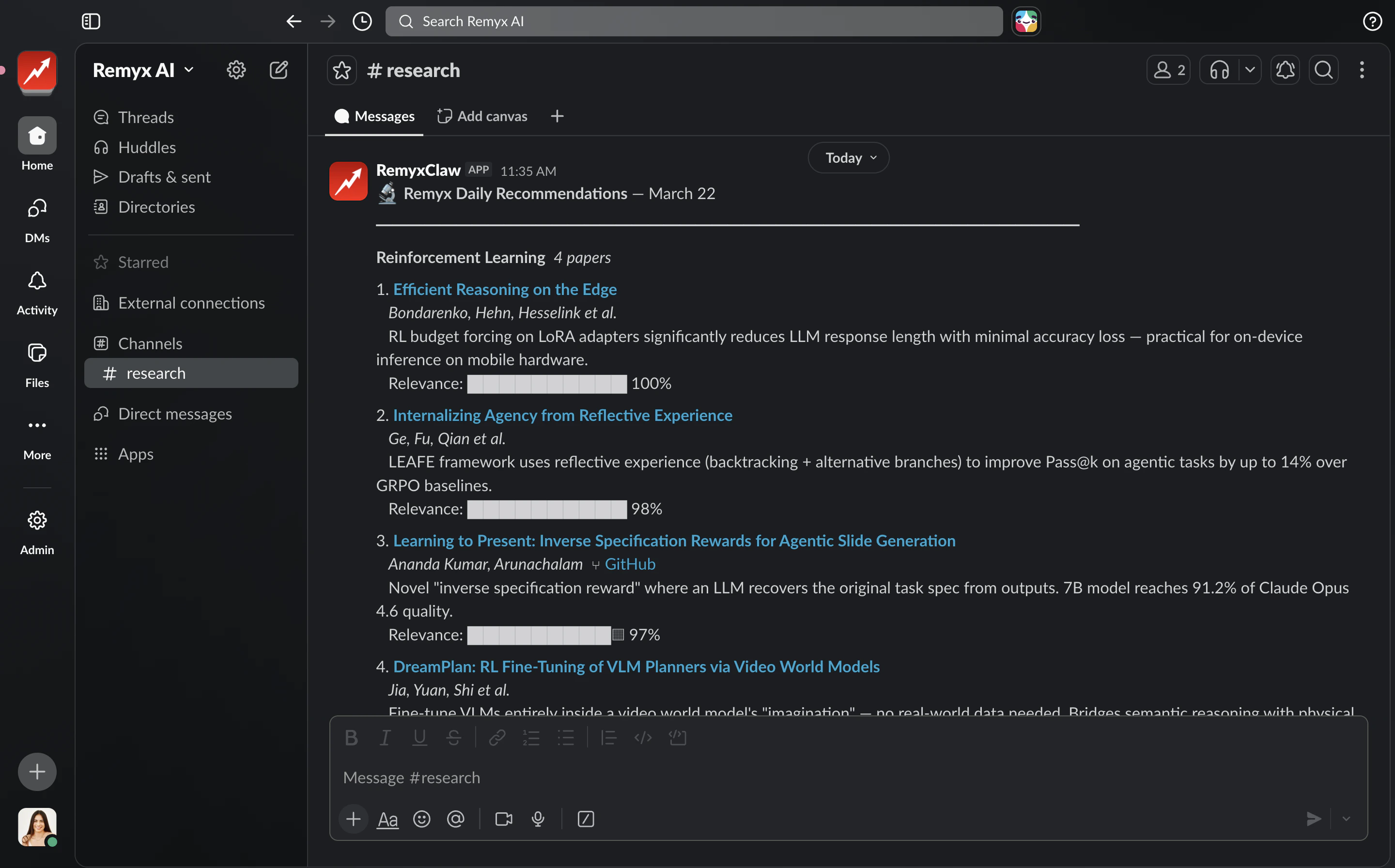 Slack #research — first Remyx digest message