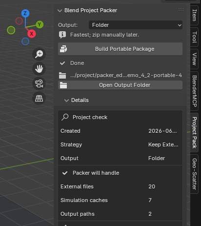 Blend Project Packer panel showing folder output, build button, done state, and dependency counts