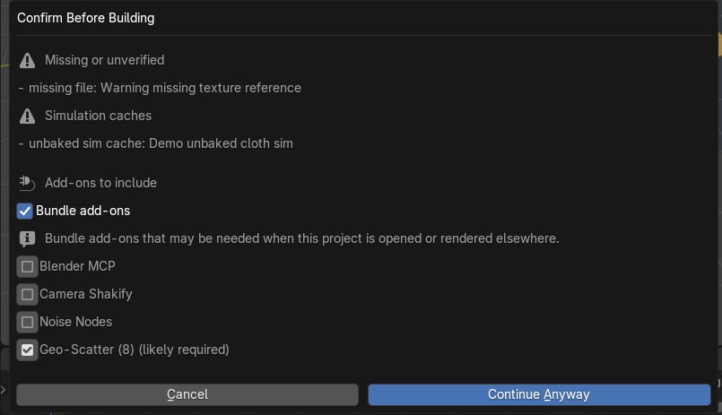 Blend Project Packer review dialog showing a missing file warning, an unbaked simulation cache warning, and add-on bundle choices