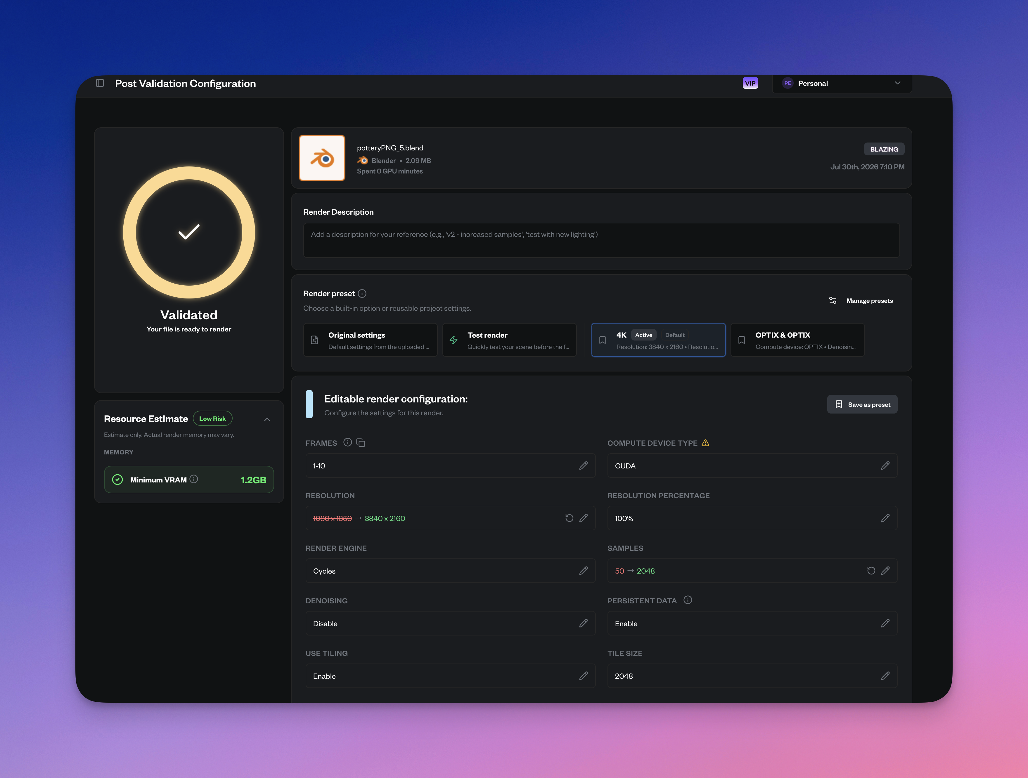 Renderjuice post-validation page showing the Render preset options