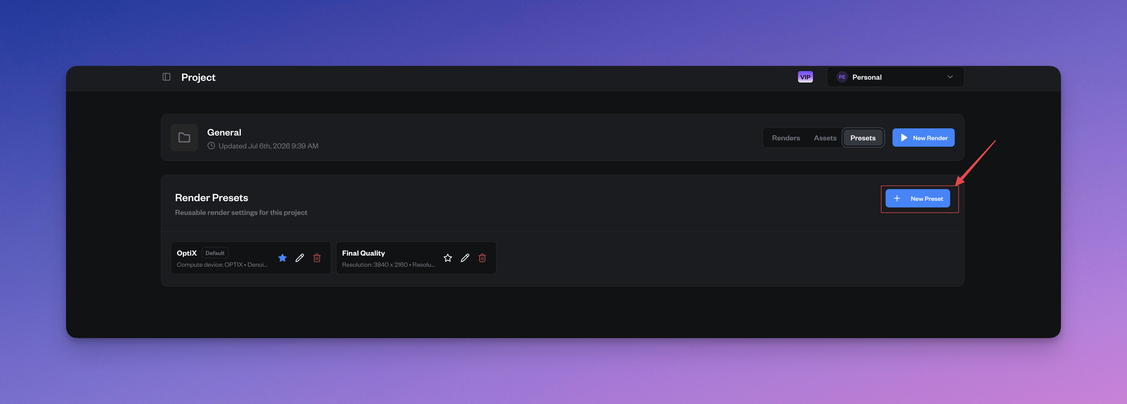 Renderjuice project Presets tab with preset actions and a New Preset button
