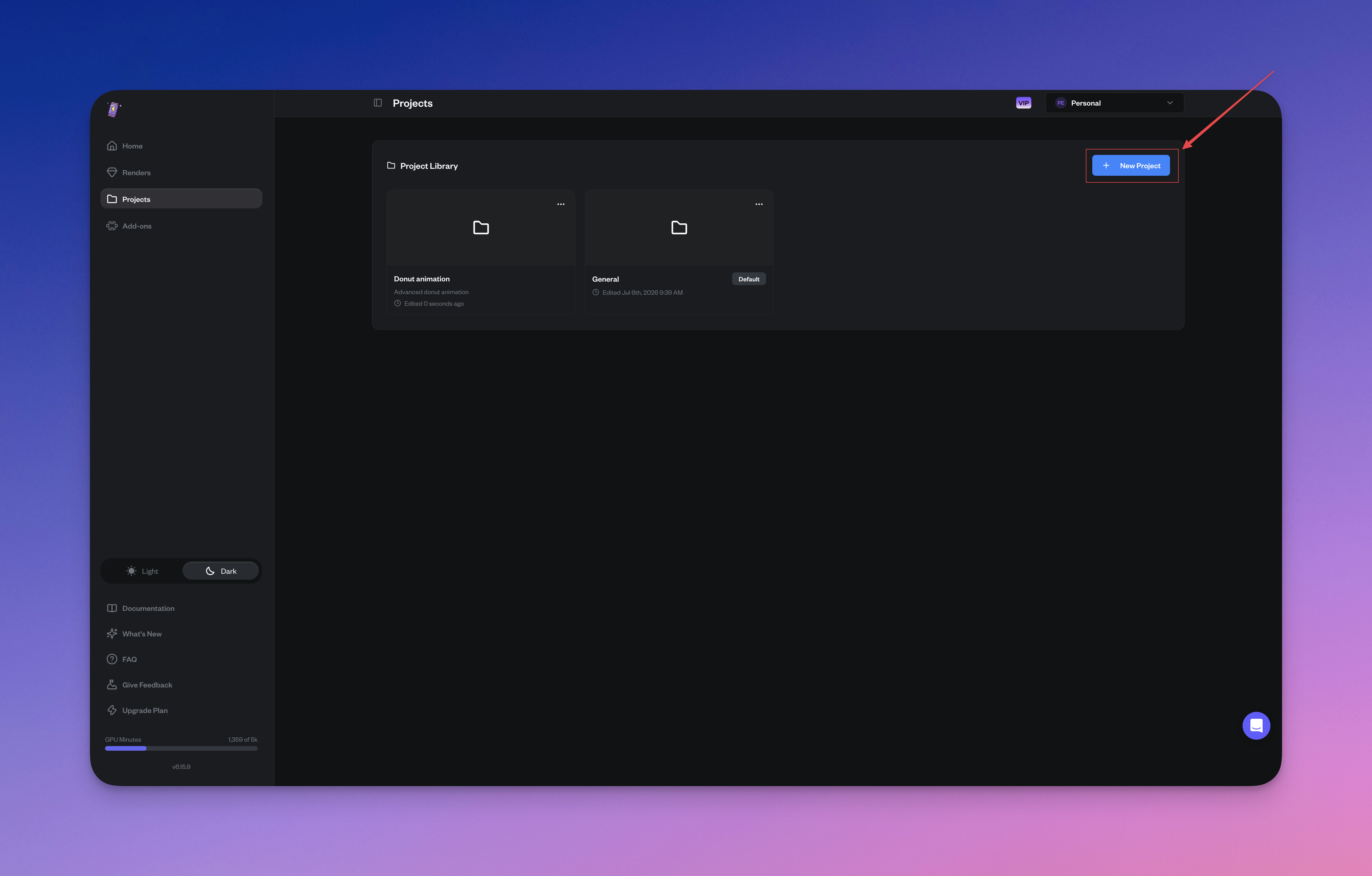Renderjuice project library with the General project marked as Default