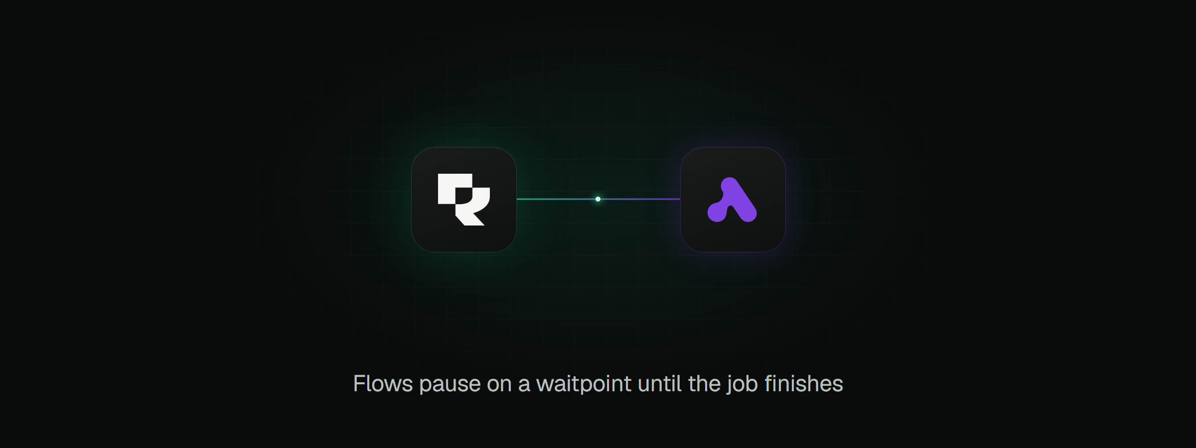 The Rendobar mark joined by a connector line to the Activepieces logo. The caption reads: Flows pause on a waitpoint until the job finishes.