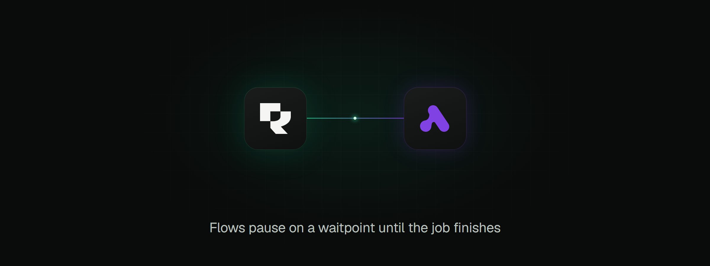 The Rendobar mark joined by a connector line to the Activepieces logo. The caption reads: Flows pause on a waitpoint until the job finishes.