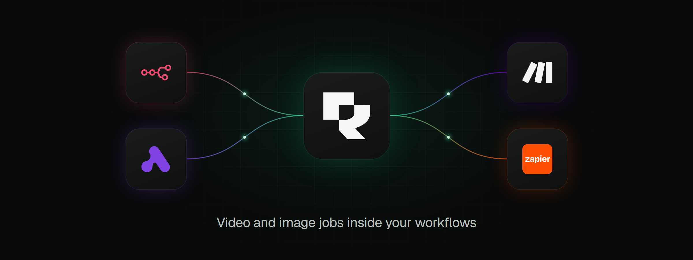 The Rendobar mark in the centre, joined by curved connector lines to the n8n and Activepieces logos on the left and the Make and Zapier logos on the right. The caption reads: Video and image jobs inside your workflows.