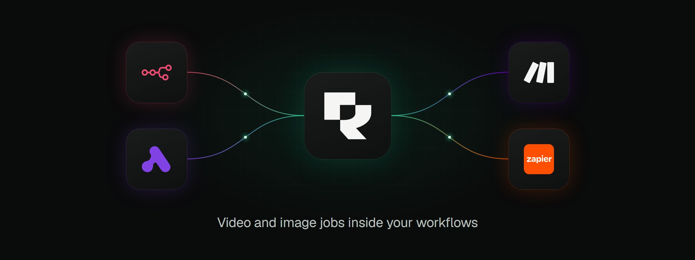 The Rendobar mark in the centre, joined by curved connector lines to the n8n and Activepieces logos on the left and the Make and Zapier logos on the right. The caption reads: Video and image jobs inside your workflows.