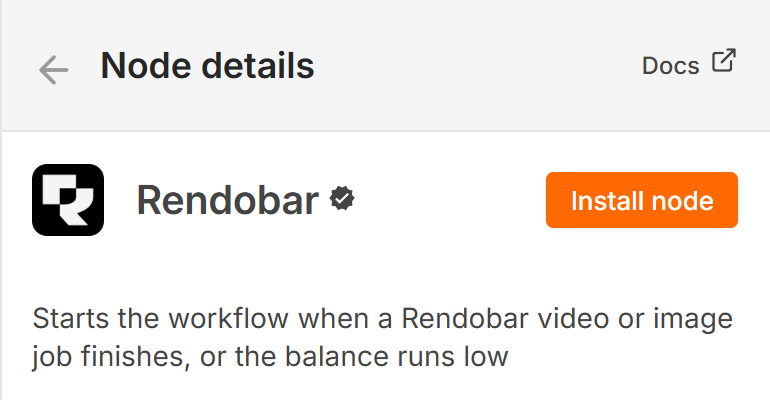 The n8n node details panel for Rendobar before install. The Rendobar icon and a verified badge sit next to the name, an orange Install node button sits to the right, and below them is the description.