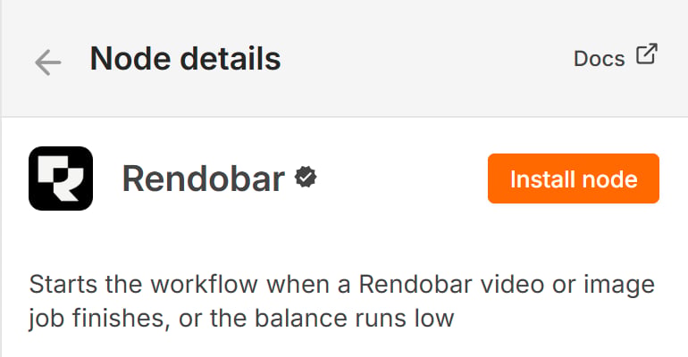 The n8n node details panel for Rendobar before install. The Rendobar icon and a verified badge sit next to the name, an orange Install node button sits to the right, and below them is the description.